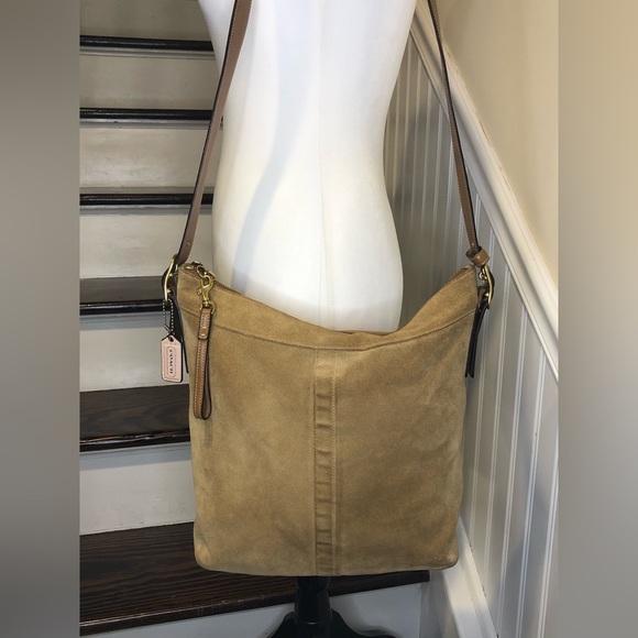 COACH Camel Suede Slim Duffle Feeder Signature C Lining Crossbody Shoulder Bag - Picture 4 of 17